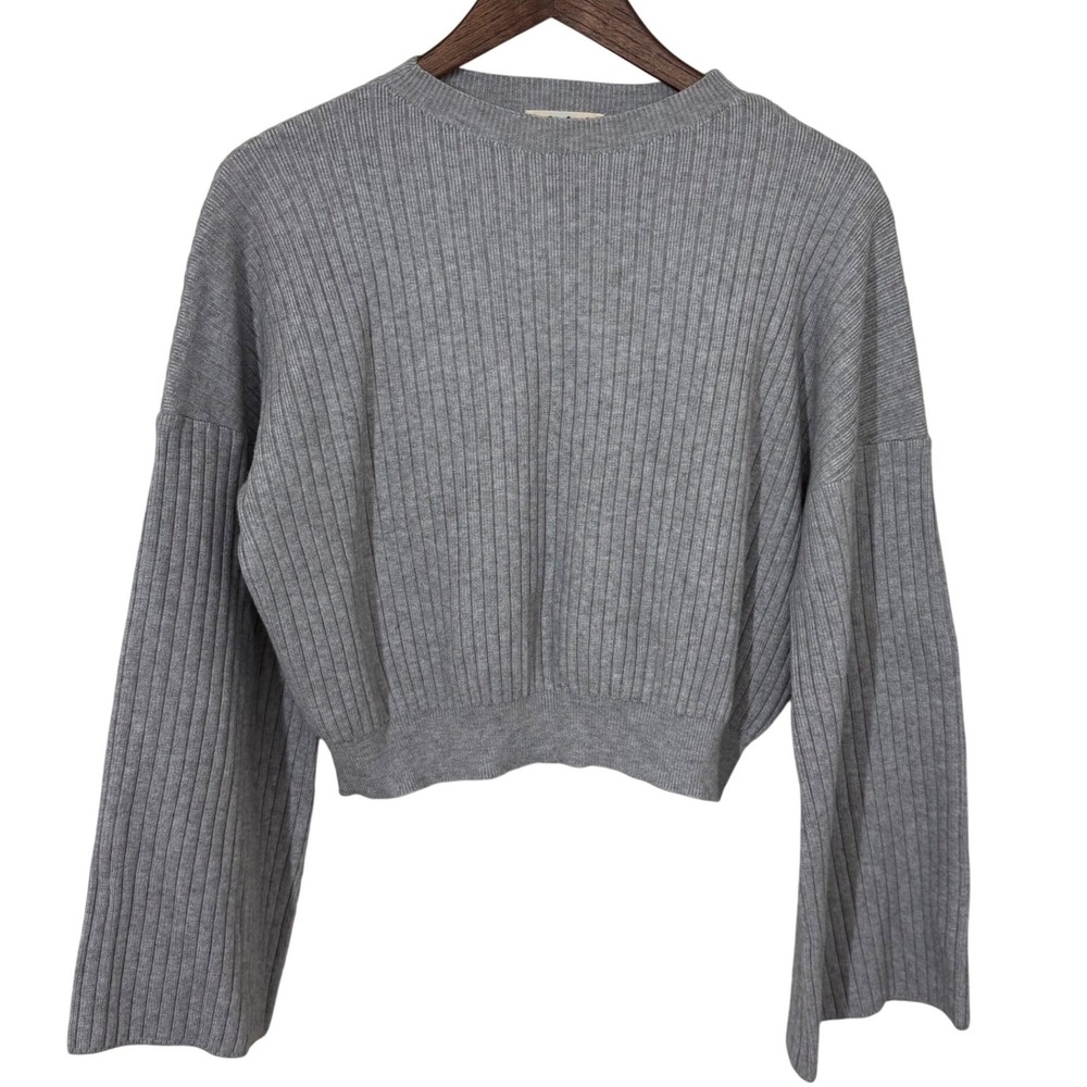 Listicle Womens M Sweater Heather‎ Grey Ribbed Cropped Crewneck Wide Sleeve 90s